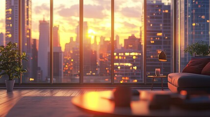 Wall Mural - a modern living room featuring large windows that offer breathtaking views of a vibrant city skyline