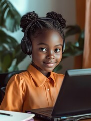 Poster - happy smart african school kid girl virtual distance learning online watching remote education live 