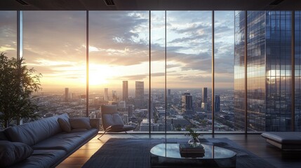Poster - This image captures a modern skyscraper featuring a sleek glass facade, offering an impressive view of a bustling city skyline under a bright sky, perfect for architectur