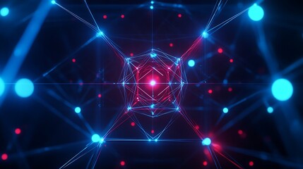 Poster - Abstract Digital Network Connection with Bright Red and Blue Light Beams in a Futuristic Space Environment