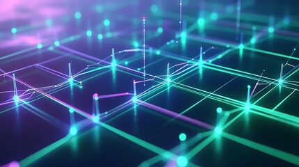 Poster - Abstract Digital Network Grid with Glowing Nodes and Connected Lines in Futuristic Neon Colors
