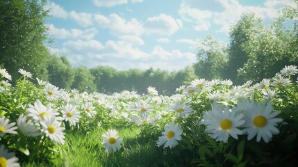 Aufkleber - A breathtaking view of white daisies with yellow centers blooming in a lush green field. The perfect representation of nature s beauty and tranquility in spring.
