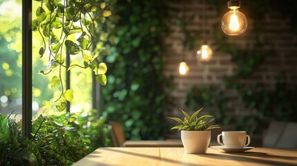 Wall Mural - a serene cafe setting featuring indoor plants and soft lighting, perfect for relaxation and socializ