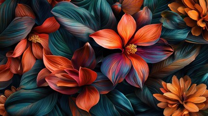 Aufkleber - Explore a stunning abstract representation of vibrant flowers and leaves, showcasing a unique blend of colors and artistic flair, ideal for modern spaces and creative ins