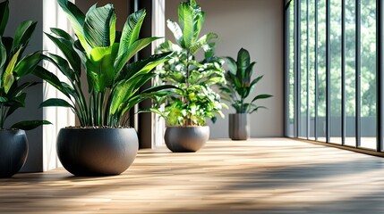 Wall Mural - bright and airy office interior featuring wooden flooring, decorative plants, and large windows crea