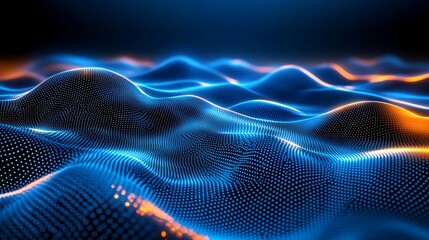 Poster - abstract futuristic waves of light with blue and orange gradients in a digital environment