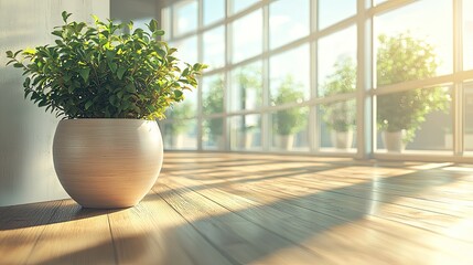 Wall Mural - bright and airy office interior featuring wooden flooring, decorative plants, and large windows crea