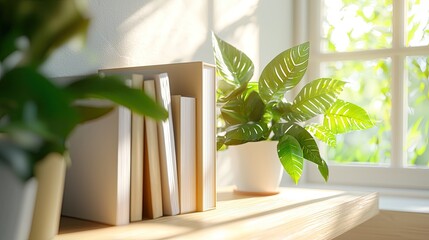 Wall Mural - a serene and bright minimalist shelf adorned with books and a lush plant, creating a cozy and inviti