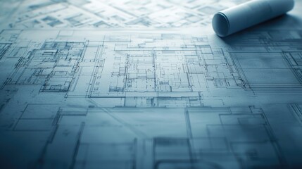 Poster - High-resolution architectural blueprint featuring detailed layouts and rolled plans, perfect for showcasing innovative designs in construction and interior planning.