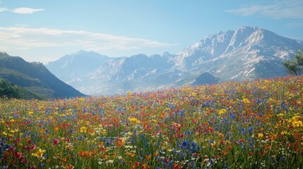 Aufkleber - A stunning view of a colorful wildflower meadow in full bloom set against majestic mountains under a clear blue sky, evoking feelings of peace and natural beauty.
