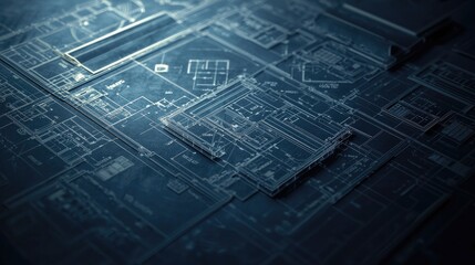 Poster - High-resolution architectural blueprint featuring detailed layouts and rolled plans, perfect for showcasing innovative designs in construction and interior planning.