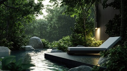 Aufkleber - A stunning modern minimalist home featuring a sleek design, inviting outdoor space, and a tranquil pool, situated amid lush greenery for ultimate relaxation and harmony w