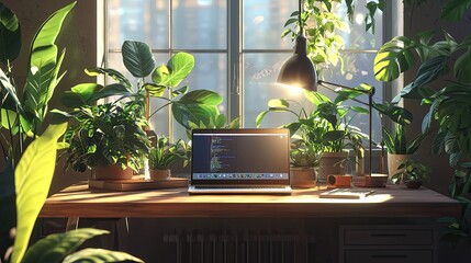 Wall Mural - a serene and modern workspace featuring a laptop on a wooden desk, surrounded by lush houseplants an