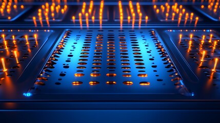 Poster - abstract technology background with glowing orange lights and circular holes on blue surface