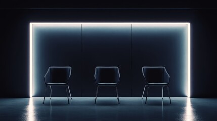 Poster - contemporary podcast space: chairs illuminated by playful lighting effects, with a dark, minimalisti