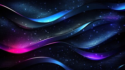 Wall Mural - abstract dark background with glowing neon blue and pink wavy lines and glittering particles.