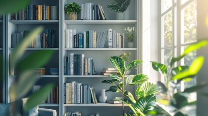 this image showcases a modern bookshelf filled with books and decorative items, complemented by lush