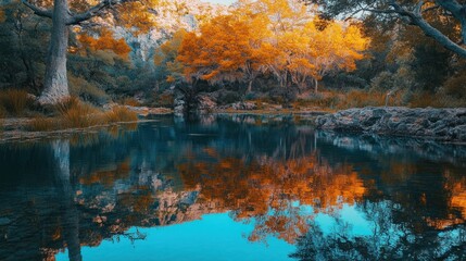 Poster - Autumnal Serenity: A Tranquil Lake Reflecting Vibrant Fall Foliage in a Secluded Forest Sanctuary