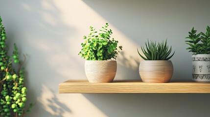 Wall Mural - a modern minimalist interior featuring wooden shelves adorned with green plants in stylish pots, per