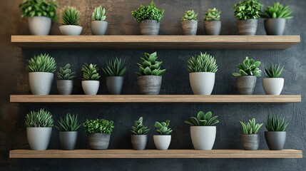 Wall Mural - a modern minimalist interior featuring wooden shelves adorned with green plants in stylish pots, per