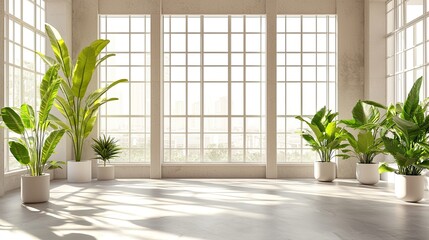 Wall Mural - bright and airy interior featuring an empty room with large windows, soft shadows, and vibrant plant