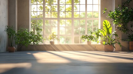 Wall Mural - bright and airy interior featuring an empty room with large windows, soft shadows, and vibrant plant