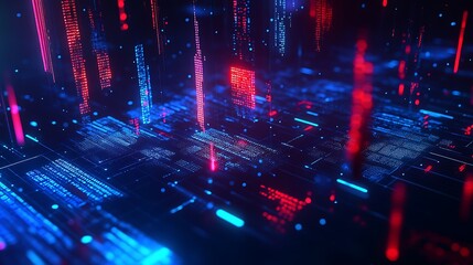 Poster - futuristic digital landscape with glowing data streams and neon lights in abstract technology backgr