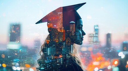 Aufkleber - This unique double exposure image creatively blends a graduate s silhouette with a vibrant city skyline, symbolizing future aspirations and endless opportunities in urban