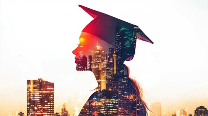 Aufkleber - This unique double exposure image creatively blends a graduate s silhouette with a vibrant city skyline, symbolizing future aspirations and endless opportunities in urban