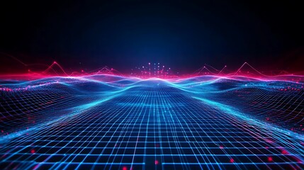 Poster - Futuristic Digital Landscape with Neon Grid and Glowing Waves in Vibrant Blue and Pink Colors