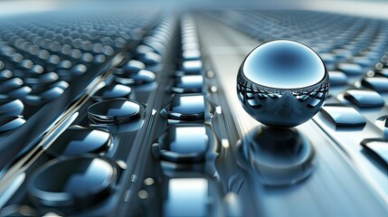 Poster - A digital 3D abstract image with metallic spheres and light reflections.