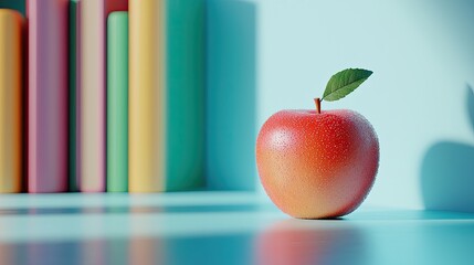 Aufkleber - A vibrant red apple sits on a light aqua surface, complemented by colorful books in the background. Ideal for health and educational themes, this image evokes freshness a