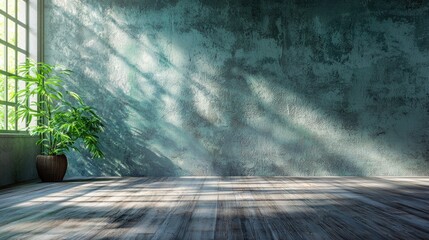 Wall Mural - a serene indoor space with a textured grunge wall and plenty of natural light. the wooden floor comp