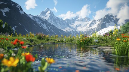 Aufkleber - Scenic view of majestic snow-capped mountains with their reflection in a clear stream, surrounded by lush greenery and colorful wildflowers, capturing nature s tranquilit
