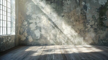 Wall Mural - a serene indoor space with a textured grunge wall and plenty of natural light. the wooden floor comp
