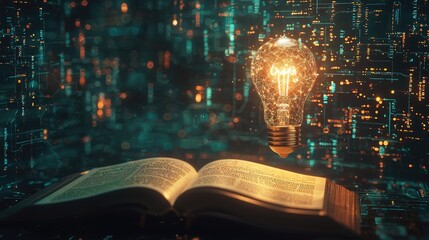 Aufkleber - An open book illuminated by a light bulb symbolizes the fusion of knowledge and creativity, set against an abstract background representing data and insights.
