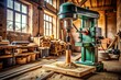 © nick - Close-up of a vintage industrial drill press, coated in sawdust, its rubber grip worn from years of woodworking.