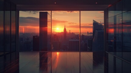 Wall Mural - a sleek, modern empty room featuring expansive glass windows provides a breathtaking view of the urb