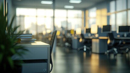 Wall Mural - a modern office interior showcasing a blurred view of desks and chairs. this contemporary workspace 