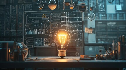 Aufkleber - A light bulb illuminates a creative space filled with various graphic elements and diagrams that symbolize ideas, innovation, and business strategies, perfect for use in