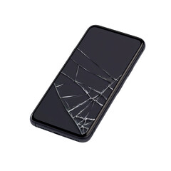Broken smartphone screen on a black background showcasing visible cracks and damage. transparent background