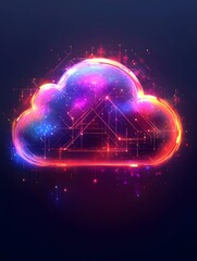 Poster - A vibrant, abstract representation of a cloud, illuminated with colorful cosmic patterns and digital circuits, symbolizing technology and data storage.