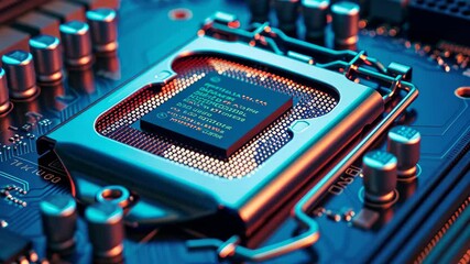 Poster - A detailed view of a computer motherboard showing a high-performance processor carefully installed, surrounded by various electronic components, under blue lighting.