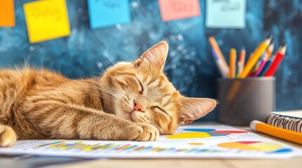 Aufkleber - A business cat analyzing charts and graphs in a creative workspace office environment focused on data trends and insights for optimal performance