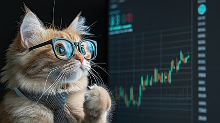 Leinwandbilder - Cat in glasses and tie analyzing stock market trends in a digital environment for business insights
