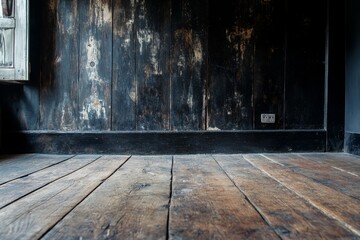 Wall Mural - Dark rustic room interior with aged wooden walls and floor.