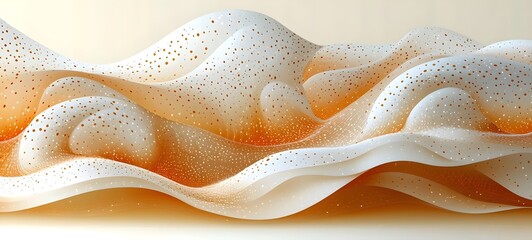 Poster - Abstract design featuring flowing waves of white and orange hues, adorned with shimmering particles. The undulating forms create a serene and dynamic atmosphere.