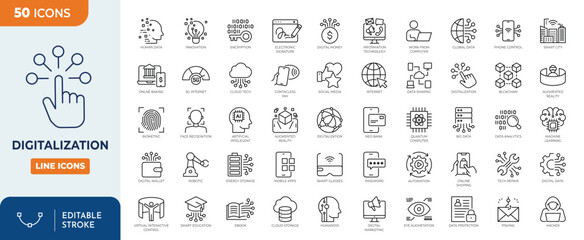 digitalization line editable icons set. containing digital tech, digitalizing, embedded system, sett