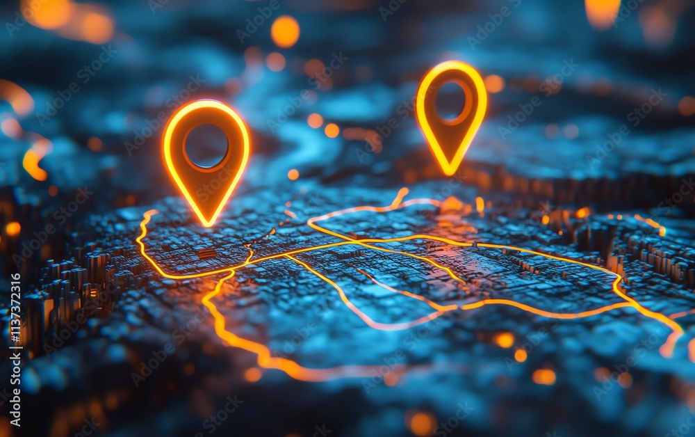 Detailed digital map with two glowing pins indicating starting and ...