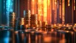 © TranNgoc - A hyper-realistic metallic business chart with stacks of currency coins forming the data bars, illuminated by soft blue and gold lighting,
